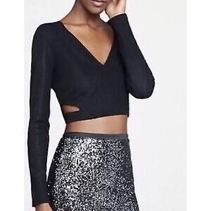 EXPRESS Women Sz S Small Black Countour Textured Cutout Long Sleeve Cropped Top